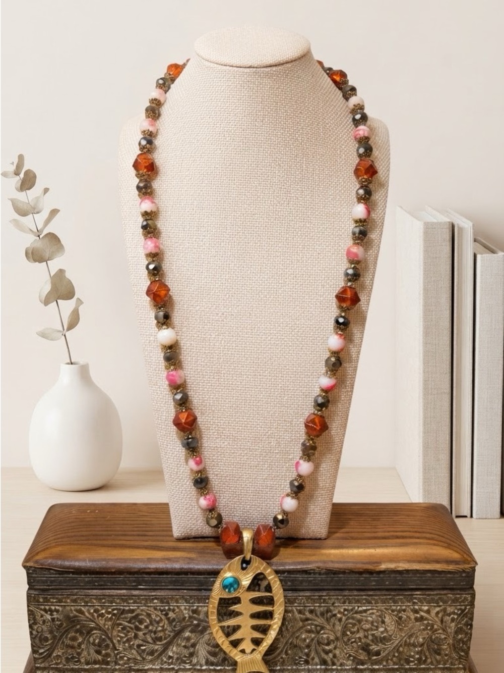 Handcrafted Multicolor Beaded Necklace with Gold Fish Pendant - Picture 2 of 4
